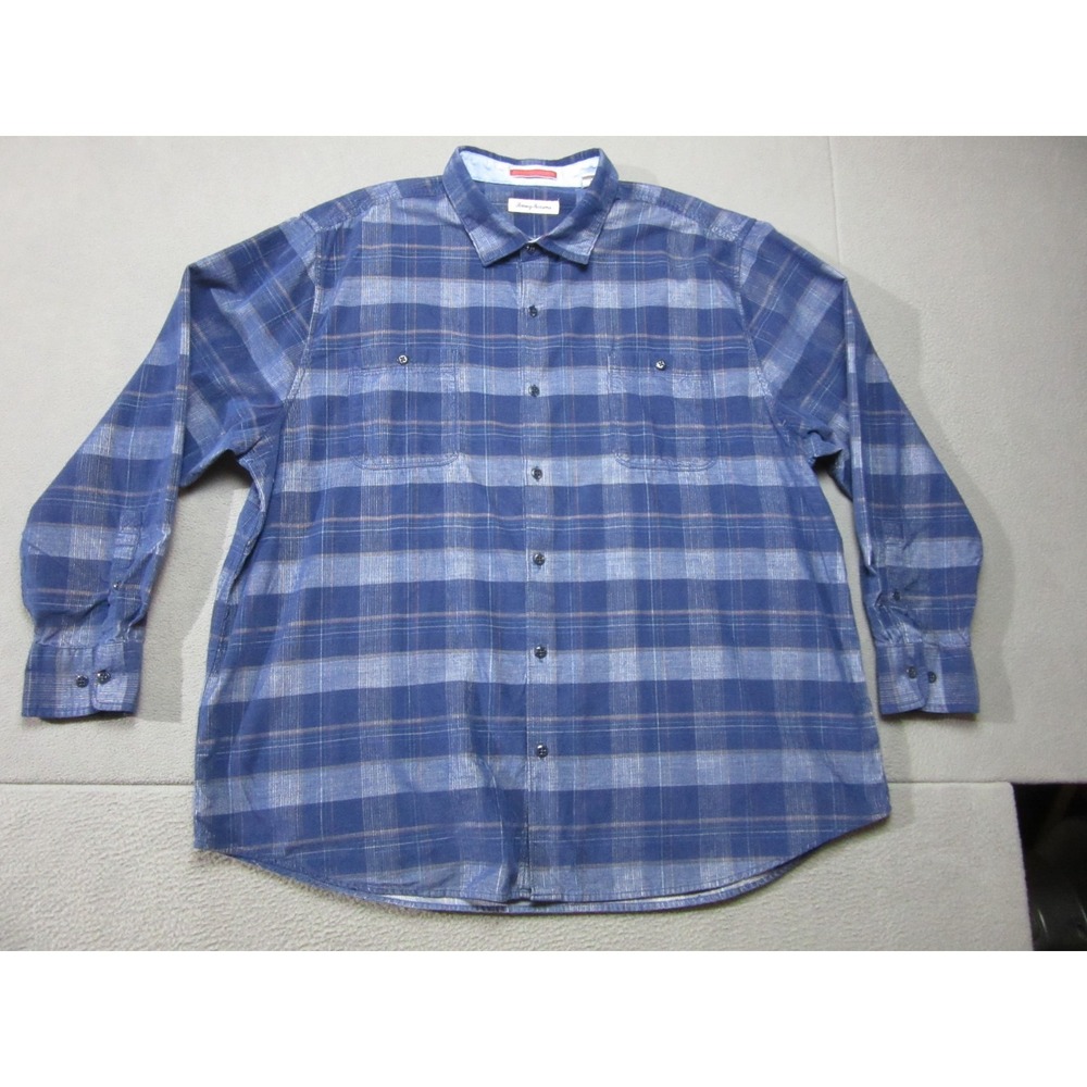 Tommy Bahama Shirt Mens 3XL Blue Tartan Plaid Flannel Duel Pockets Button Up